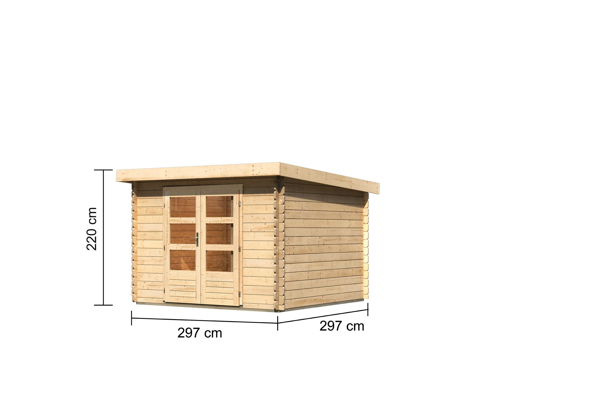 Bemaßte Maßzeichnung des Karibu Gartenhaus Bastrup 5, 297 × 297 cm