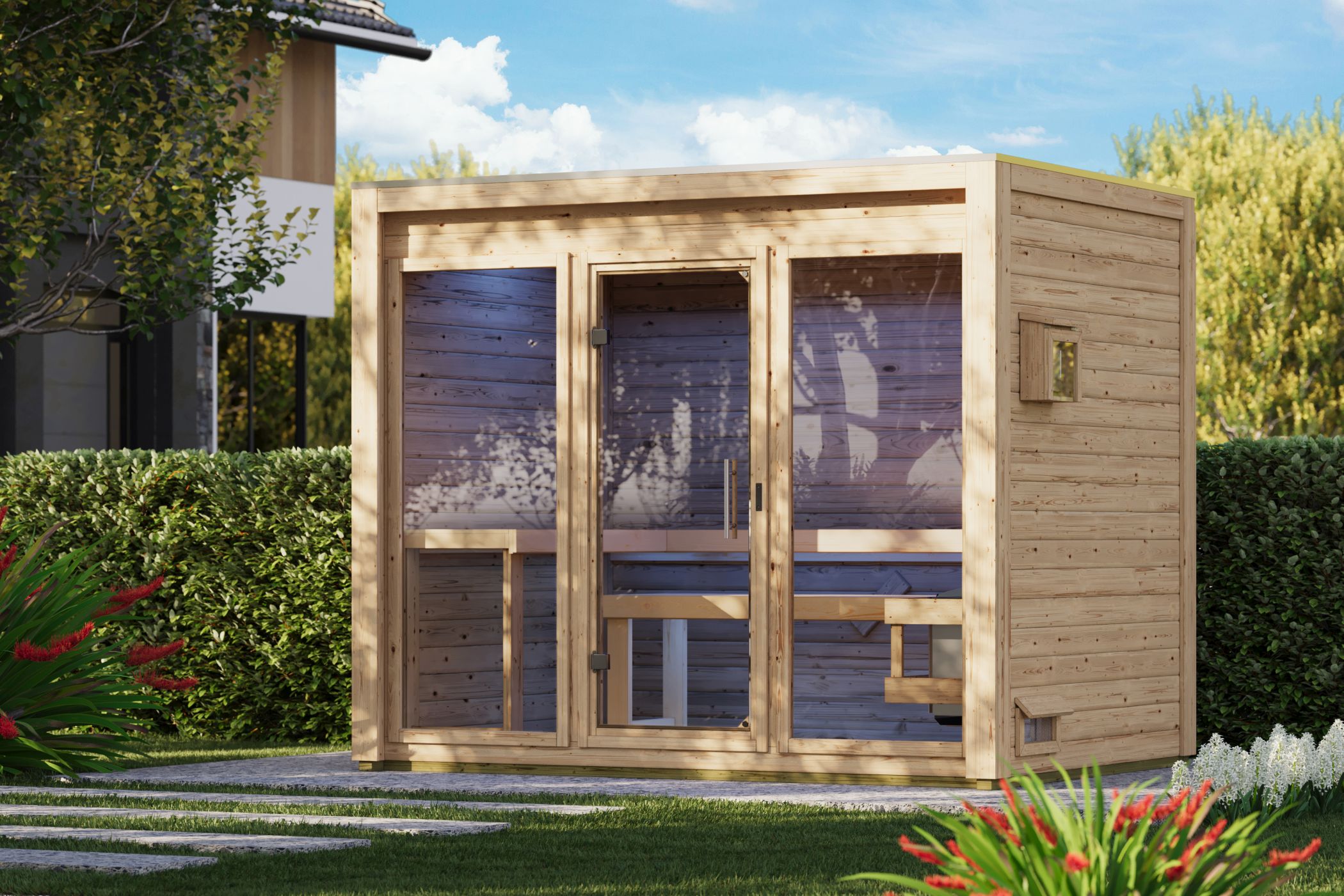 Karibu Saunahaus Hycore 3 als Gartensauna aus Massivholz im Garten mit Glasfront
