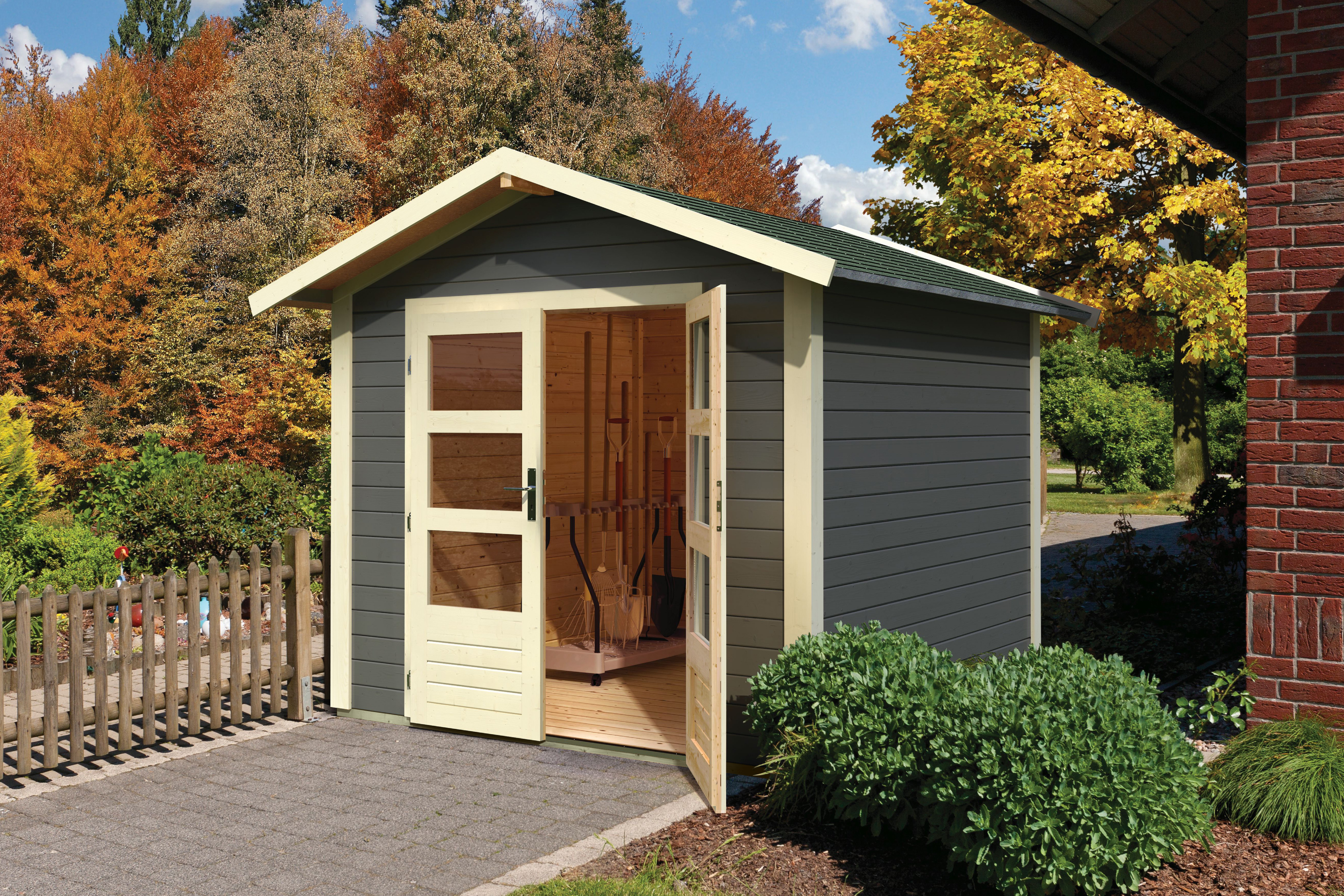 Karibu Gartenhaus Talkau 4 in Terragrau im Garten