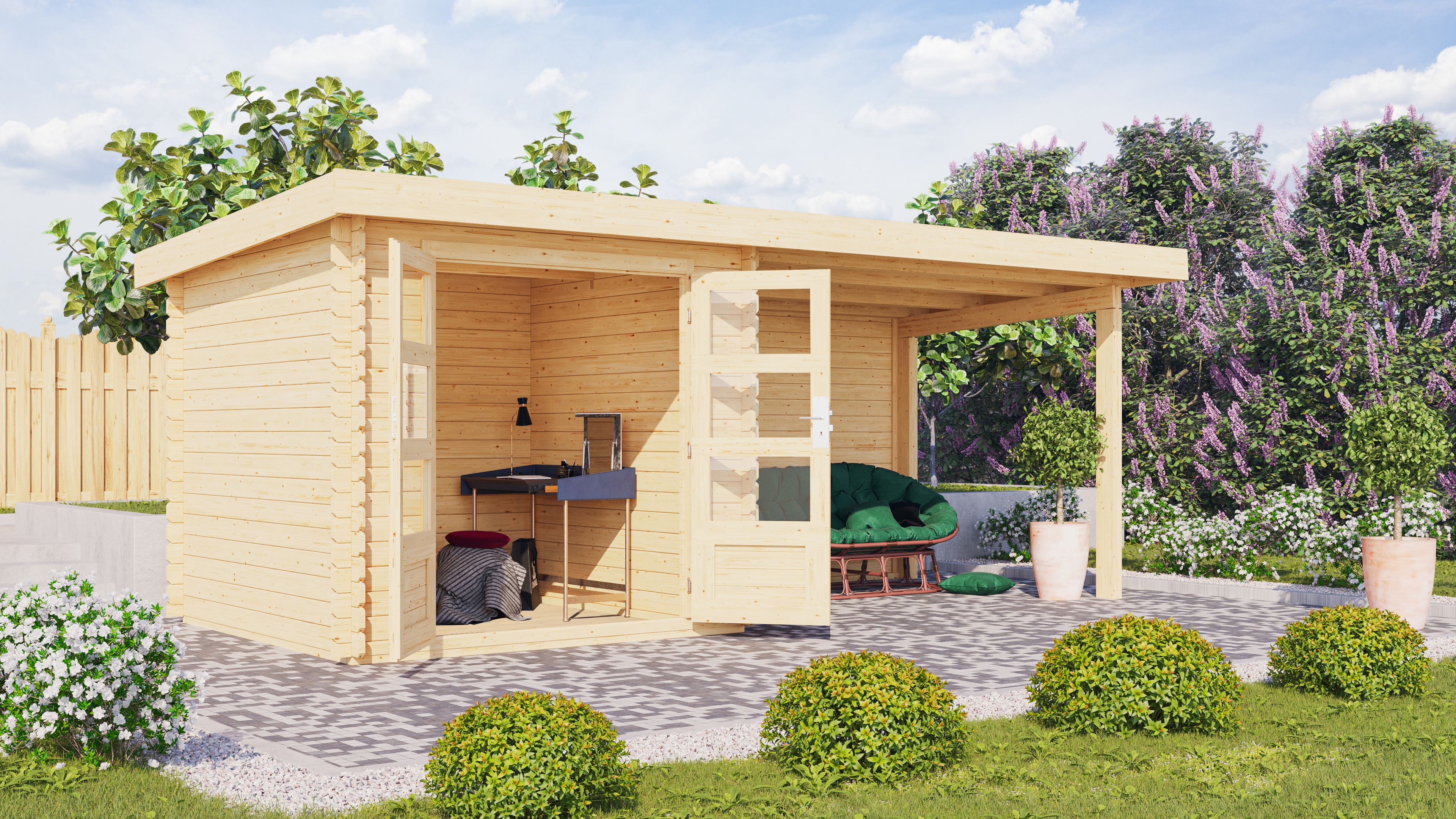 Karibu Gerätehaus Bastrup 2 mit Anbaudach im Garten