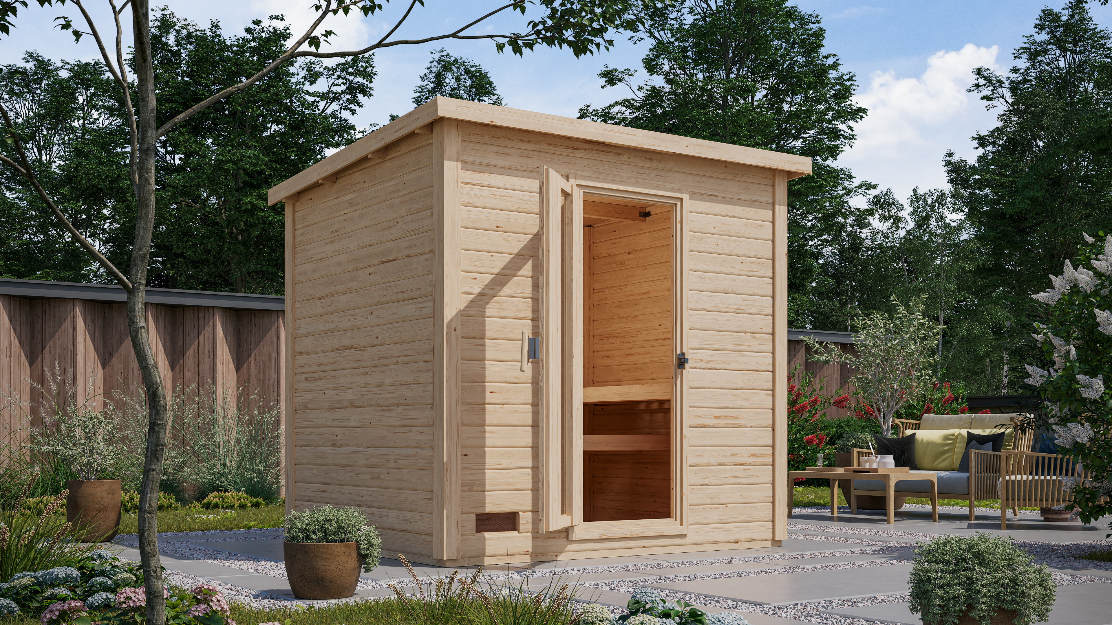 Karibu Saunahaus Hytti 3 als Gartensauna aus Massivholz im Garten mit Glasfront