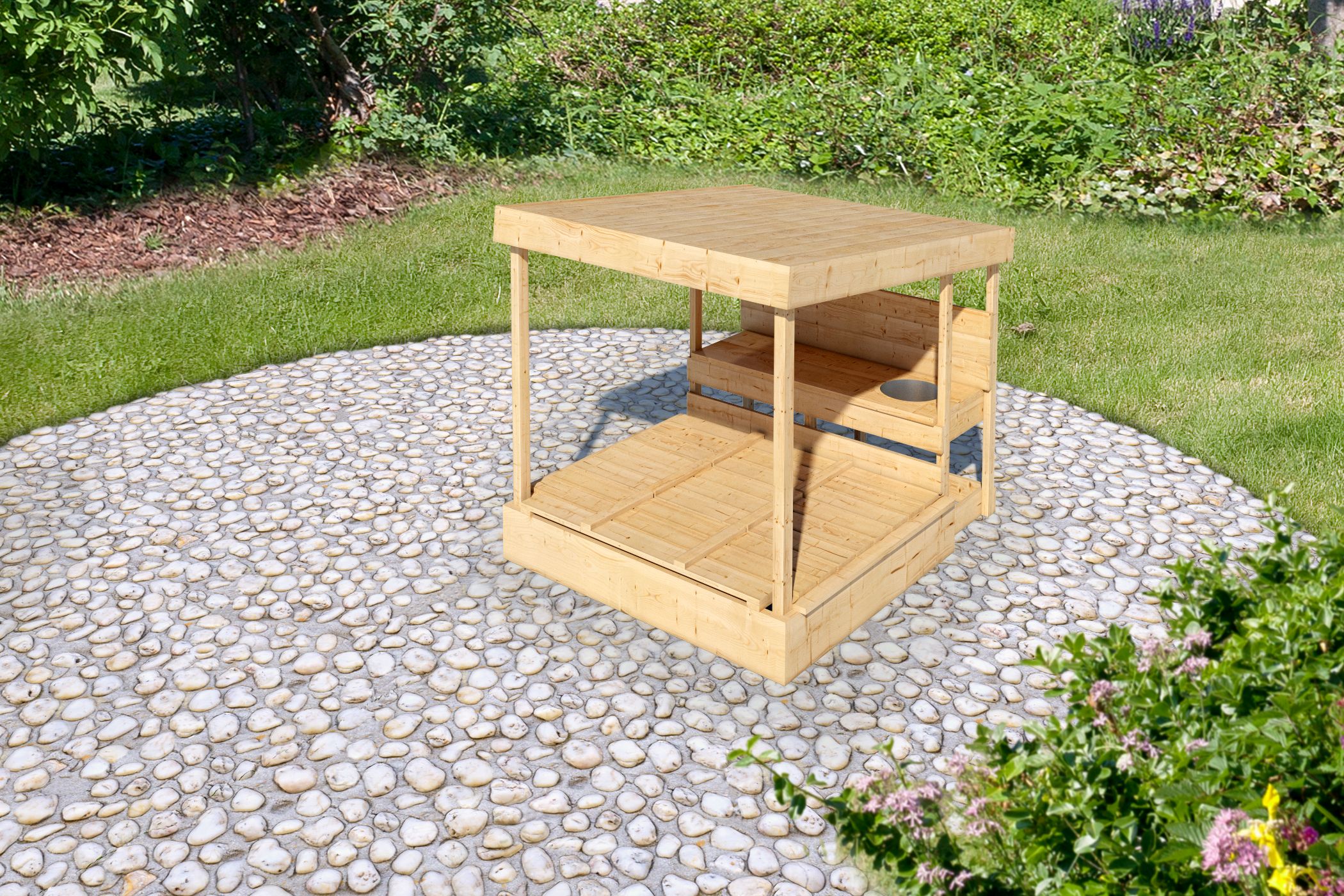 Karibu Sandkasten Max mit Dach und Matschküche aus Holz, im Garten aufgebaut