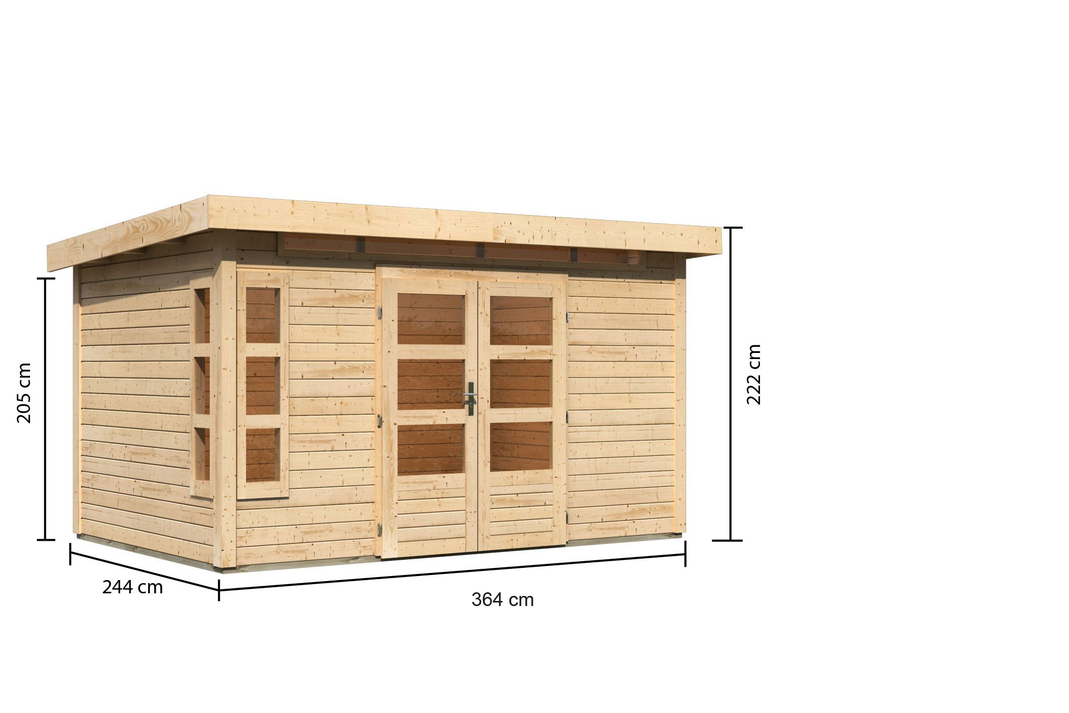 Bemaßte Maßzeichnung des Karibu Gartenhaus Kastorf 7, 364 × 244 cm