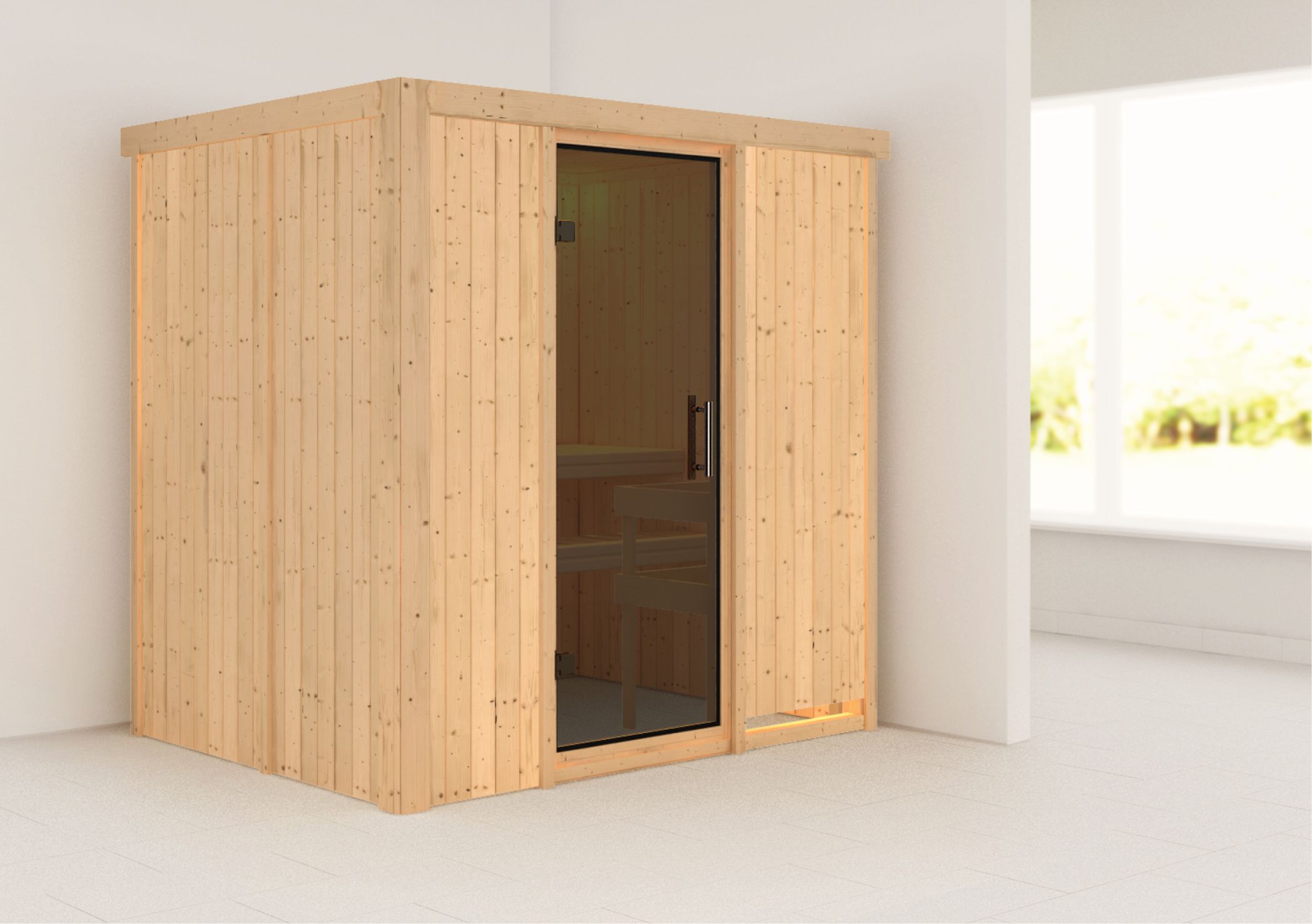 Außenansicht der Karibu Sauna Fanja aus nordischer Fichte mit graphitfarbener Ganzglastür und Fronteinstieg